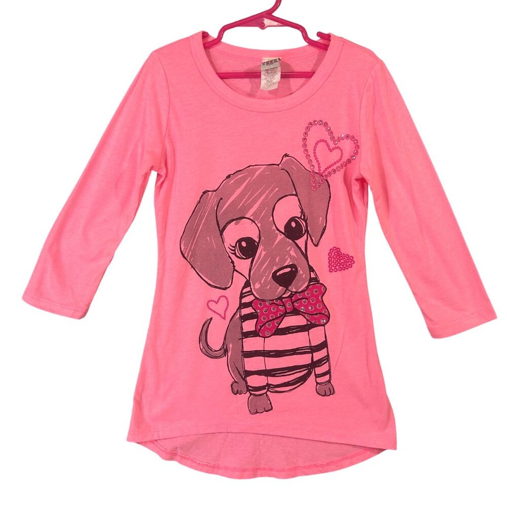 LA Teez 3/4 Sleeve Pink Puppy T-Shirt Girl Size 7/8 EUC